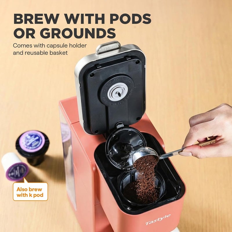 Tastyle Single Serve Coffee Maker, Iced and Hot Coffee Machine for K Cup & Grounds, Compact Design, 40oz Removable Water Reservoir, 6 to 24 Oz Brew Sizes, Fits 7.3" Travel Mug, Salmon - Image 4